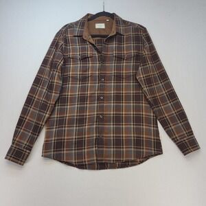 7Diamonds Flannel Shirt Mens Small Brown Plaid Button Down Faux Suede Trim